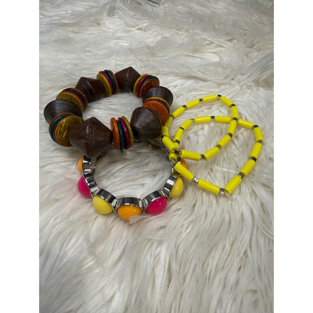 Set of 4 Colorful Stretch Bracelets Wood Bead Boho Yellow Pink Orange Stackable